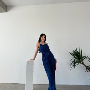 İp Askılı Kuşaklı Krinkle Tulum