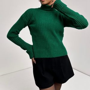 Şerit Desenli Dokulu Boğazlı Triko Kazak